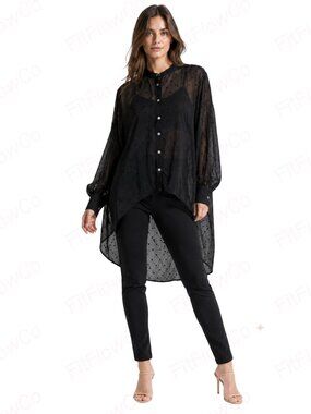 Express Black Sheer Swiss Dot High Low Tunic Blouse M Balloon Sleeve